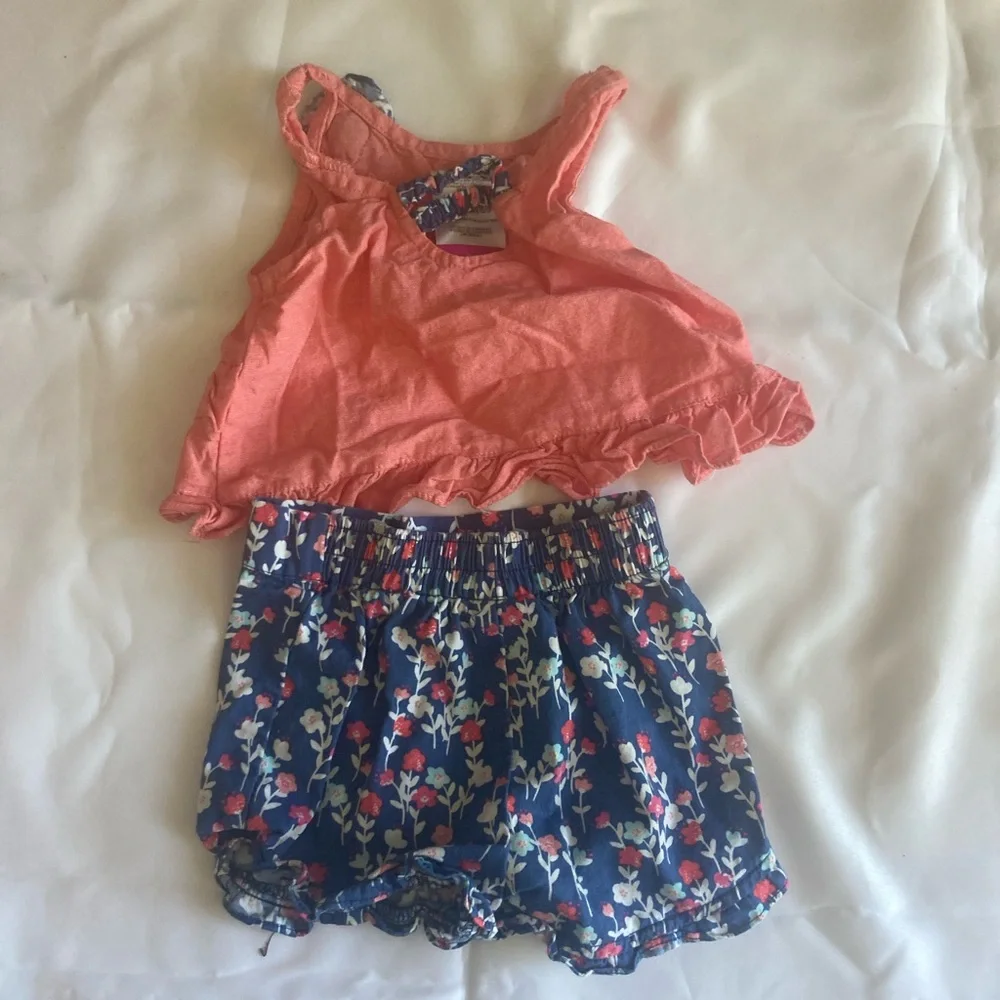 Coral Ruffle Tank with Navy Floral Bubble Shorts Kids Set